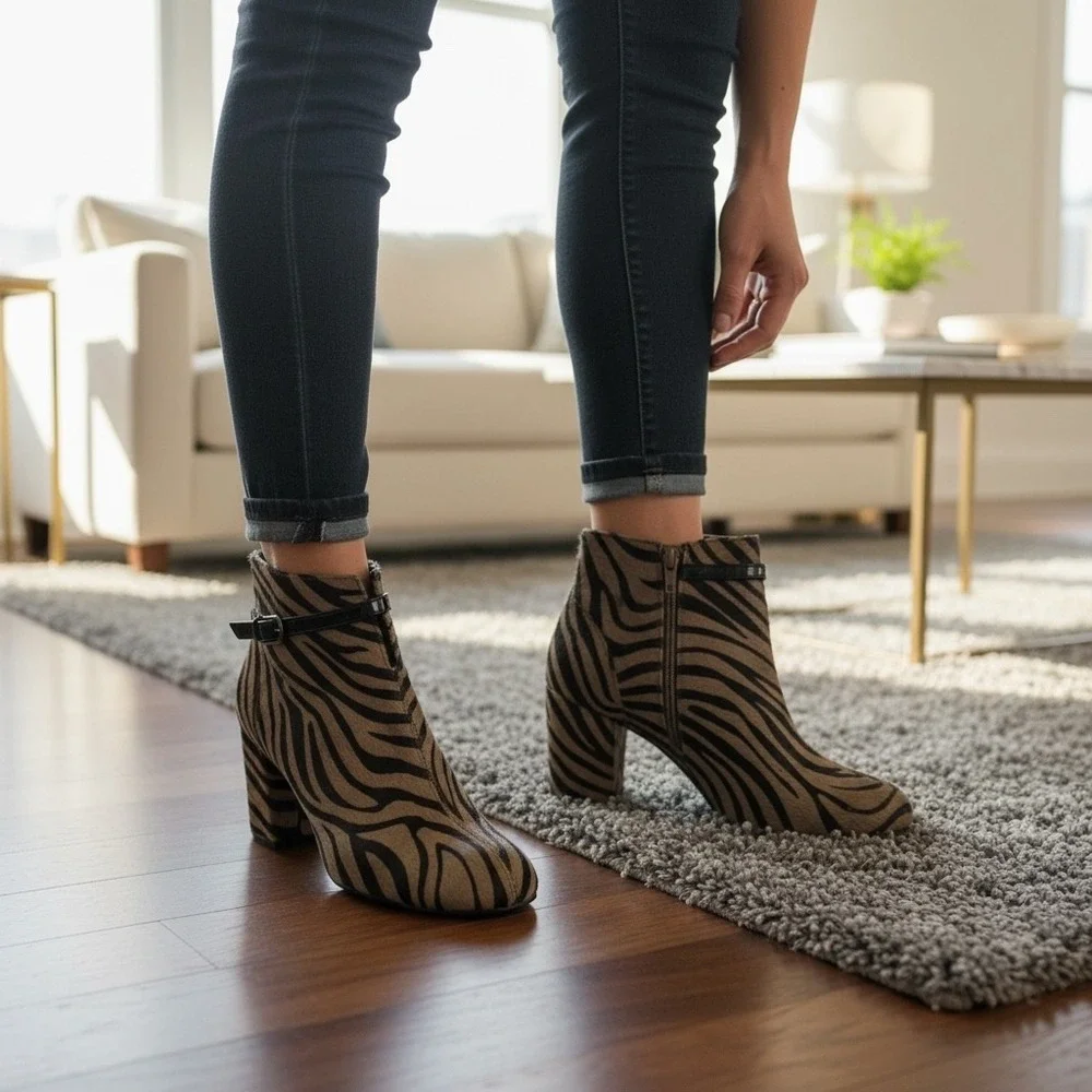 Aerosoles Patrole Car Zebra Print Calf Hair‎ Ankle Boots Womens 9M Brown Black